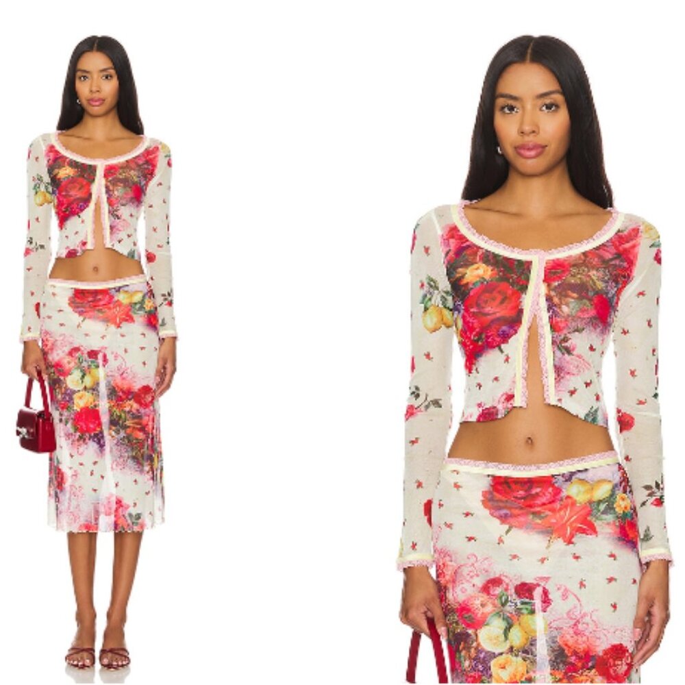 Jaded London Printed Mesh Cardigan + Skirt Set